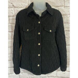 CHICOS Travelers Quilted Jacket 1 M Black Heavyweight Stretch Lined Snaps 9984